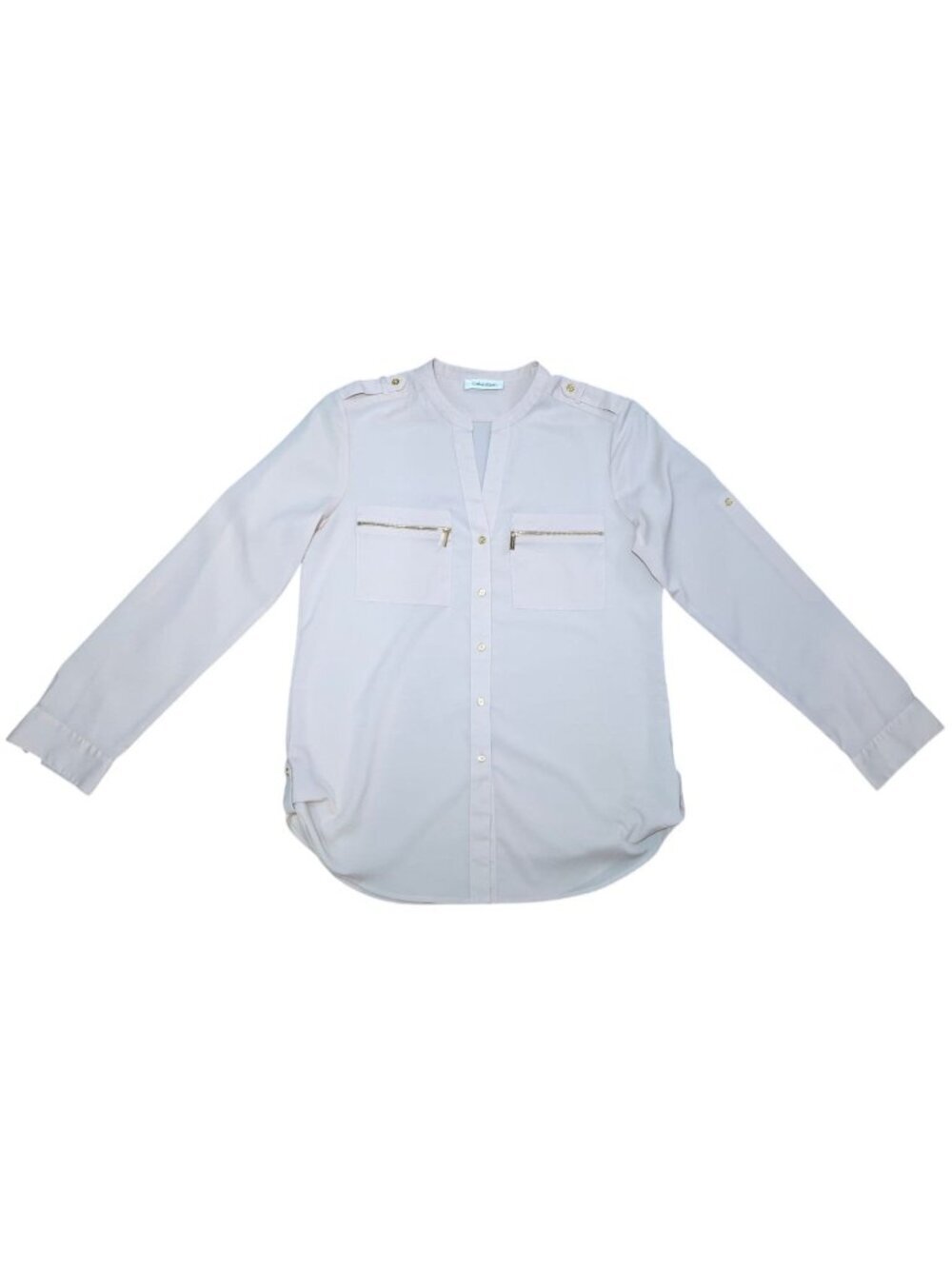 Calvin Klein Womens Blouse M Estimated Pale Beige Gold Buttons Zip Pockets Top.